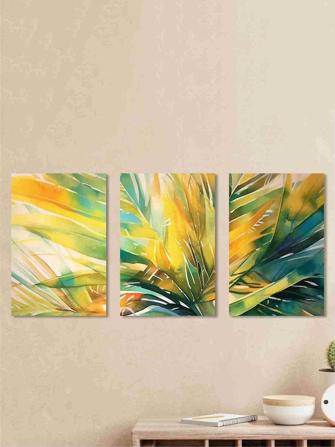 

SAF Yellow & Green 3 Pieces Abstract Floral Cotton Canvas Painting Wall Art