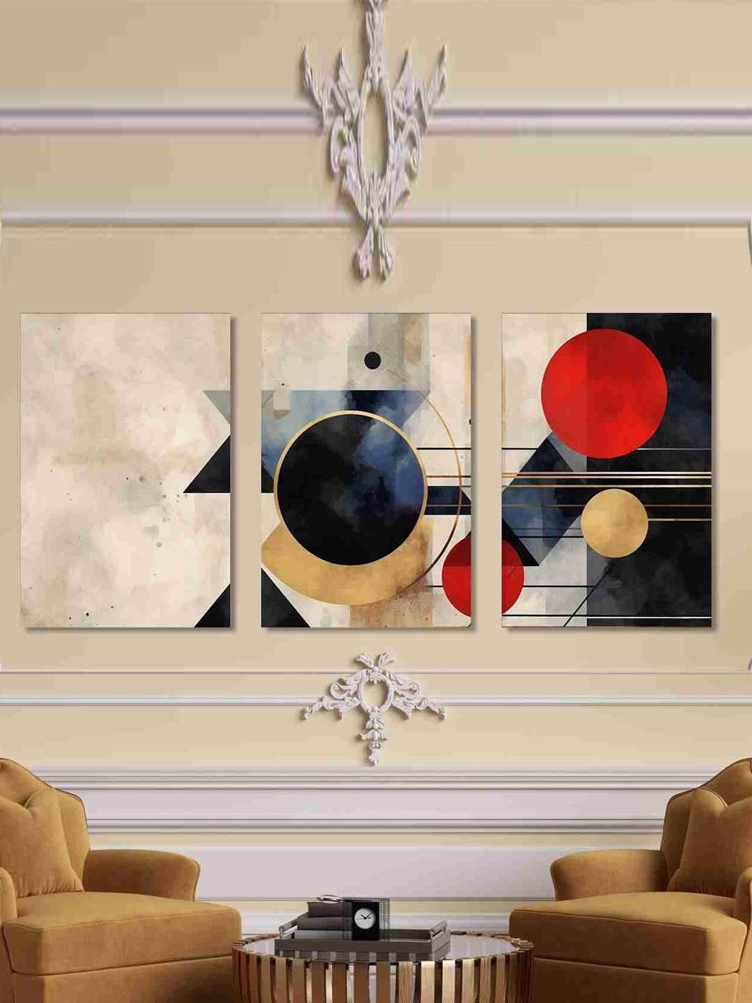 

SAF Beige & Black 3 Pieces Modern Abstract Cotton Canvas Wall Arts
