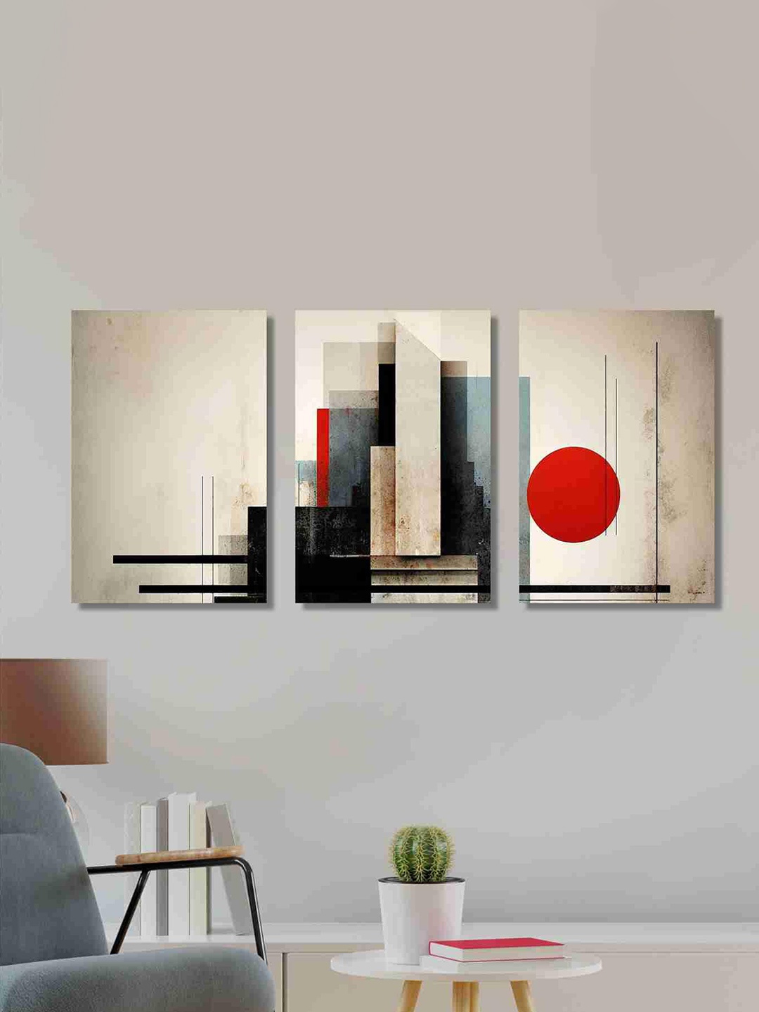 

SAF 3-Pcs Beige & Red Modern Abstract Cotton Canvas Wall Painting