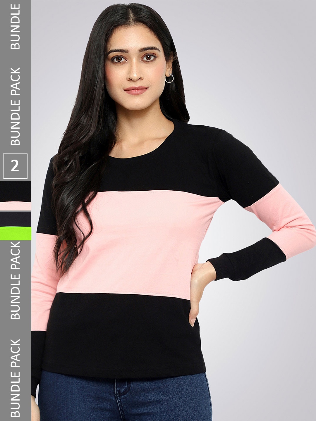 

VIVINKS Pack Of 2 Colourblocked Round Neck Cotton T-shirt, Pink