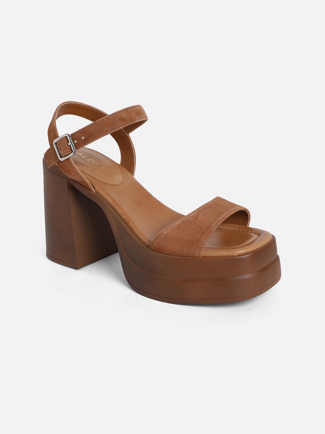 

ALDO Open Toe Leather Platform Heels With Buckle Closure, Brown