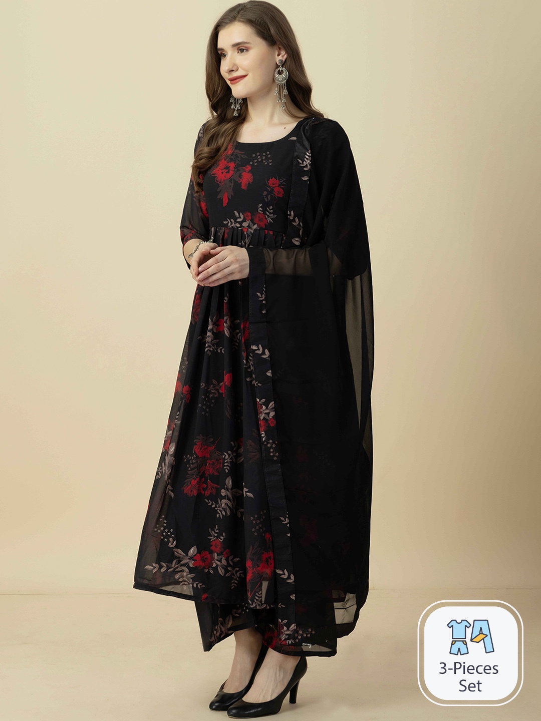 

WORIVOC Floral Printed Regular Georgette Kurta with Palazzos & Dupatta, Black