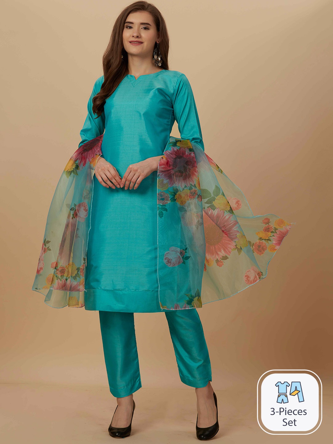 

WORIVOC Round Neck Straight Kurta & Trouser With Dupatta, Blue