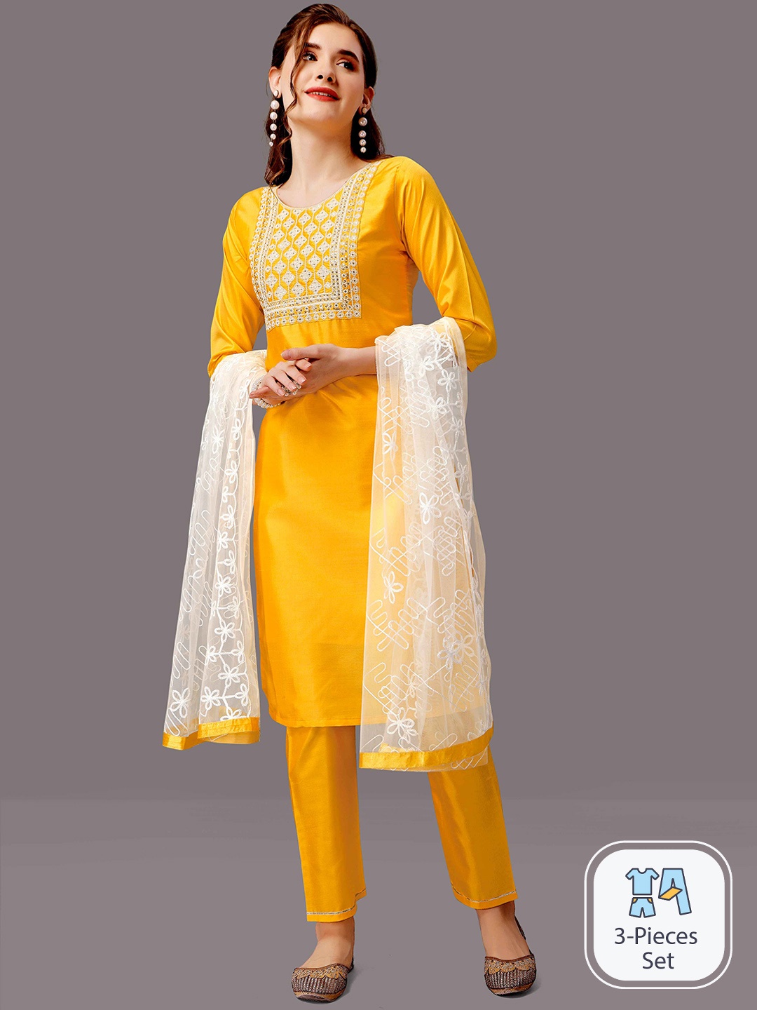 

WORIVOC Thread Work Detailed Straight Kurta & Trousers With Dupatta, Yellow