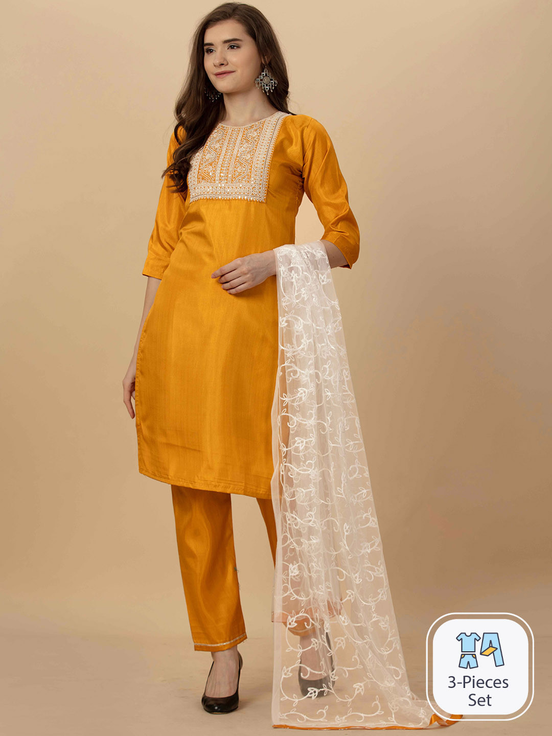 

WORIVOC Ethnic Motifs Yoke Design Thread Work Kurta With Trousers & Dupatta, Mustard