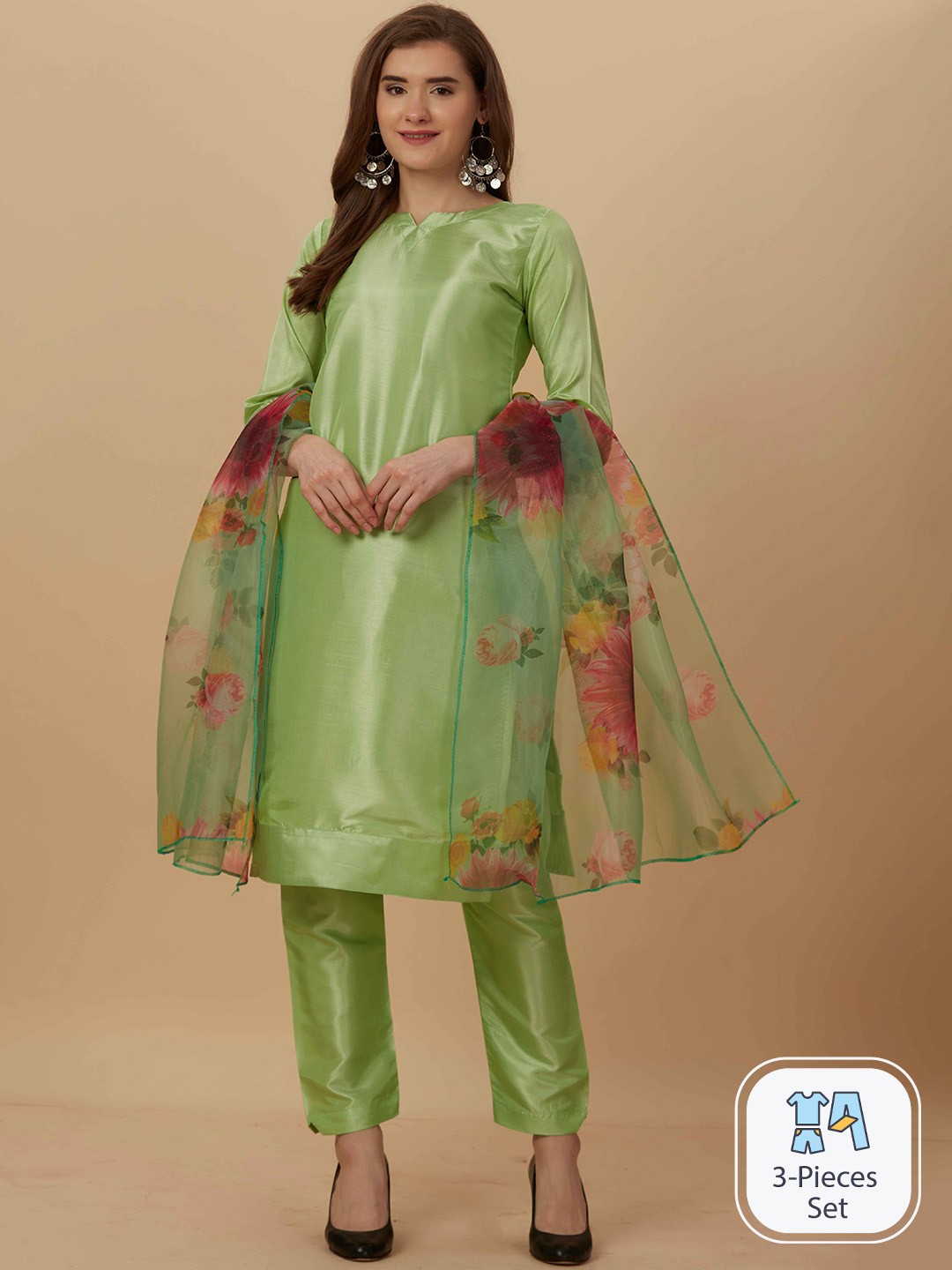 

WORIVOC Round Neck Straight Kurta & Trouser With Dupatta, Green