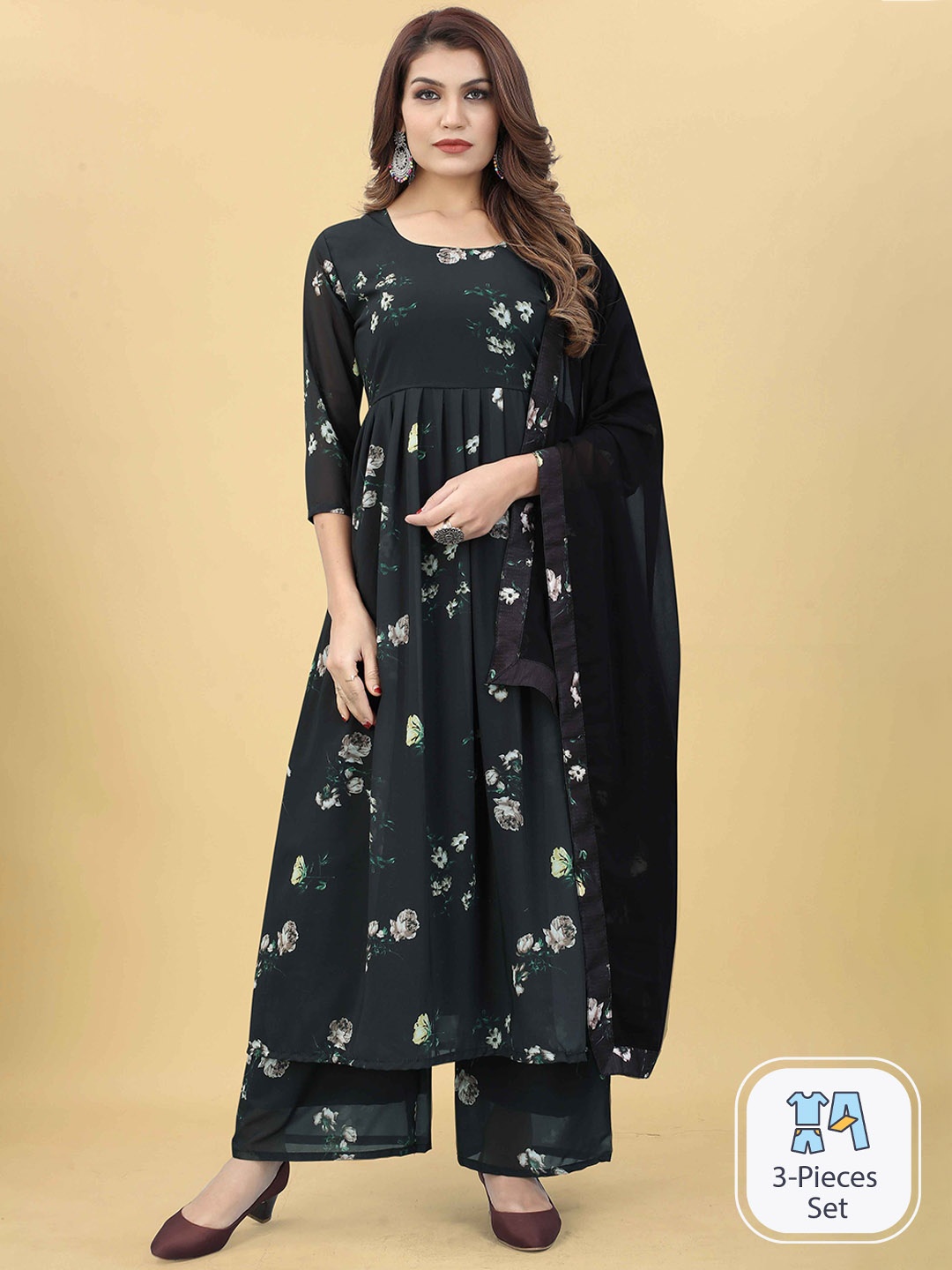 

WORIVOC Floral Printed Regular Georgette Kurta with Palazzos & Dupatta, Black