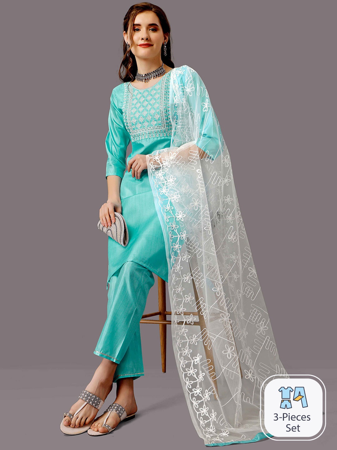 WORIVOC Ethnic Motifs Yoke Design Thread Work Straight Kurta Set, Blue