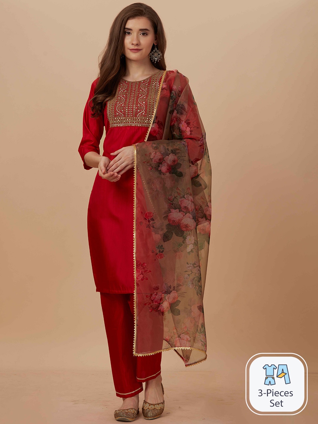 

WORIVOC Mirror Work Detailed Straight Kurta & Trousers With Dupatta, Red