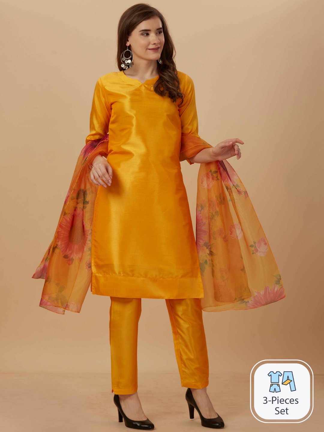 

WORIVOC Round Neck Straight Kurta & Trouser With Dupatta, Yellow