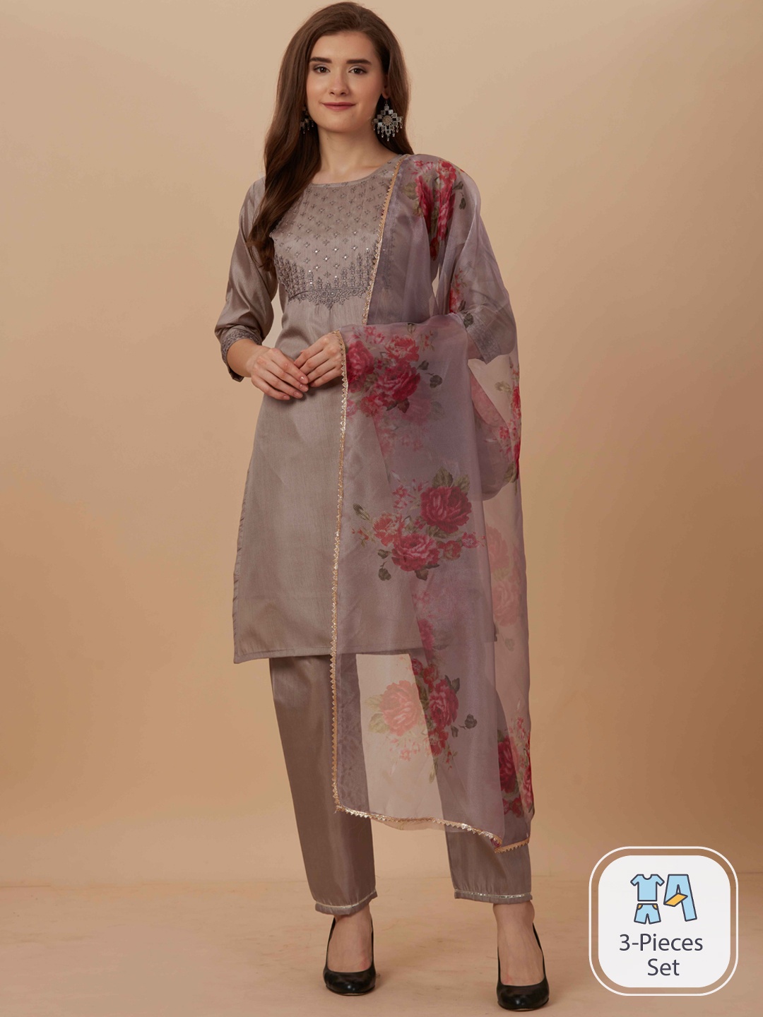 

WORIVOC Ethnic Motifs Yoke Design Regular Sequinned Kurta & Trousers With Dupatta, Coffee brown
