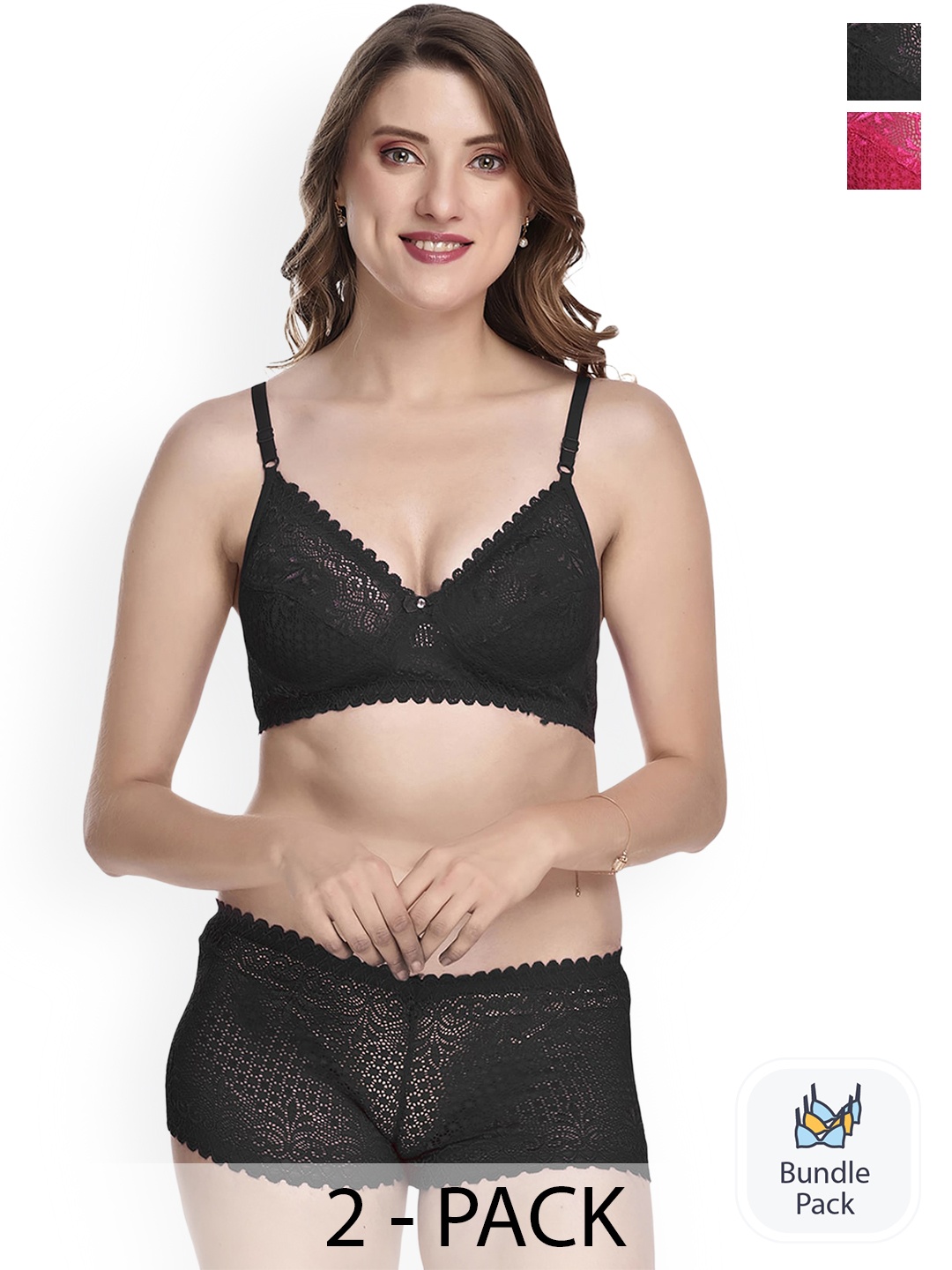 

AROUSY Pack Of 2 Laced Lingerie Sets, Pink