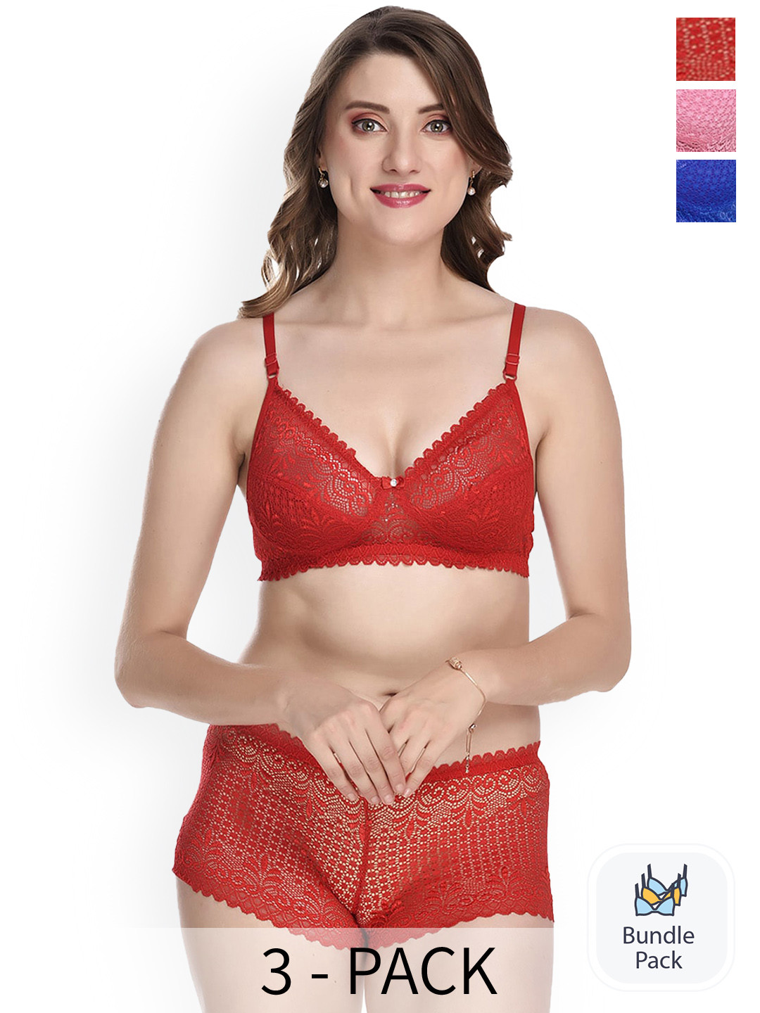 

AROUSY Pack Of 3 Self Design Lingerie Sets, Red