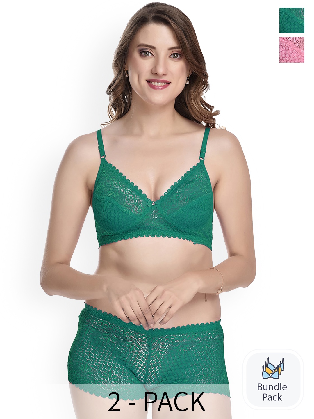 

AROUSY Pack Of 2 Self Design Lingerie Sets, Green