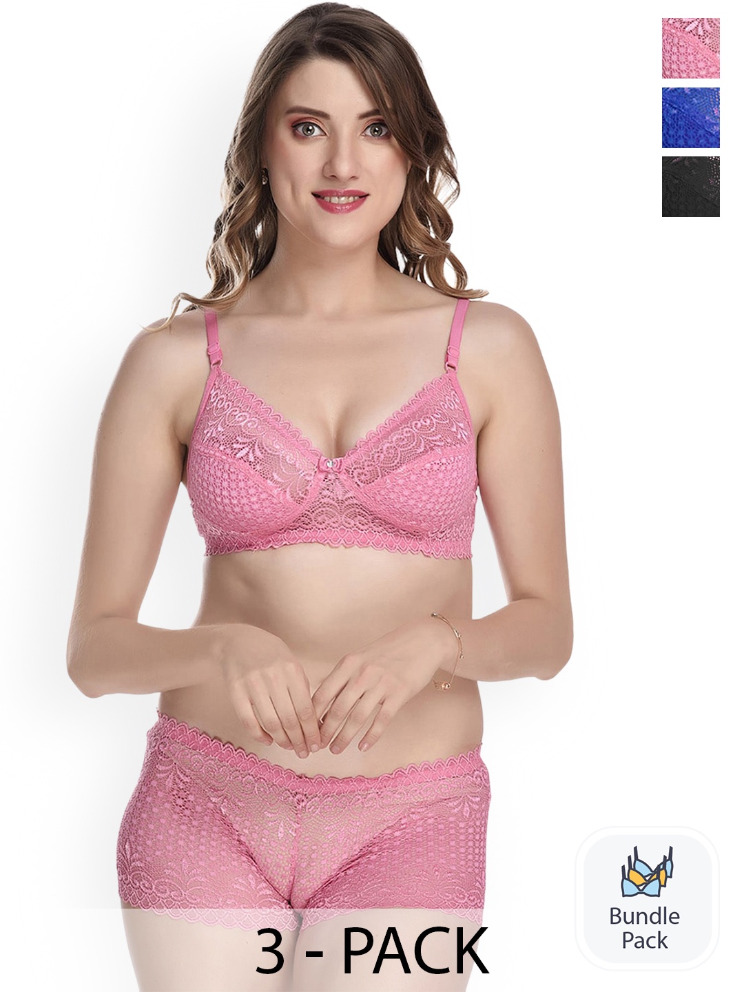 

AROUSY Pack Of 3 Laced Lingerie Set, Pink