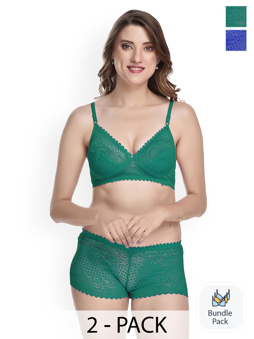 AROUSY Pack Of 2 Laced Lingerie Sets, Green
