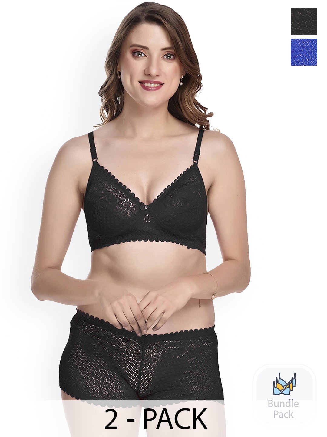 

AROUSY Pack Of 2 Laced Lingerie Set T-Rain Set_Black,Blue_30