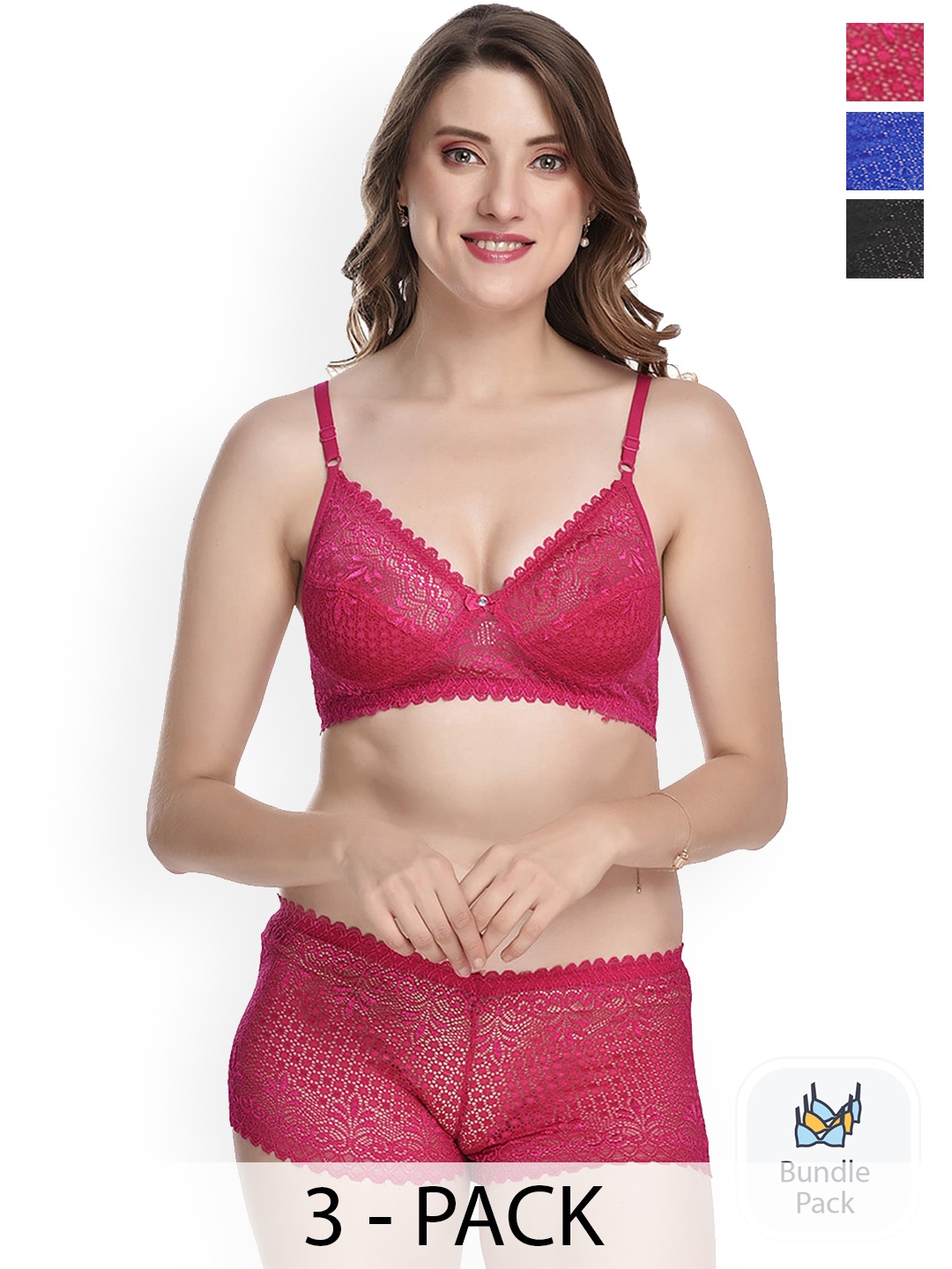 

AROUSY Pack Of 3 Laced Lingerie Set, Pink