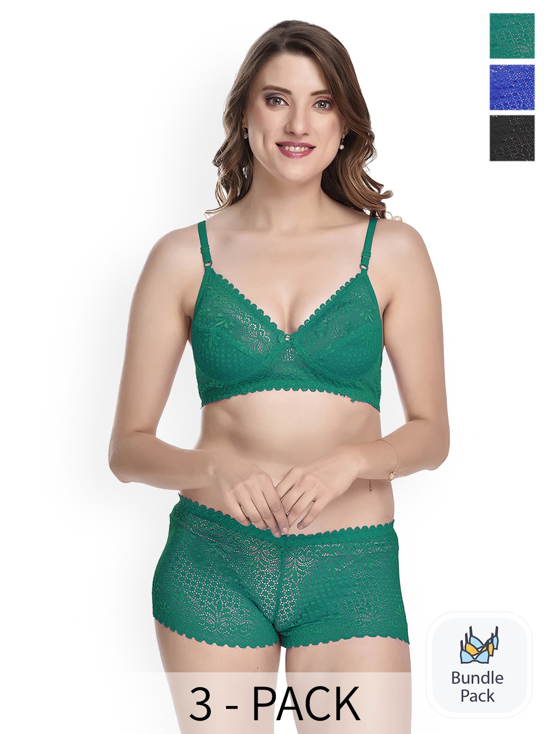 

AROUSY Pack Of 3 Laced Lingerie Sets, Green