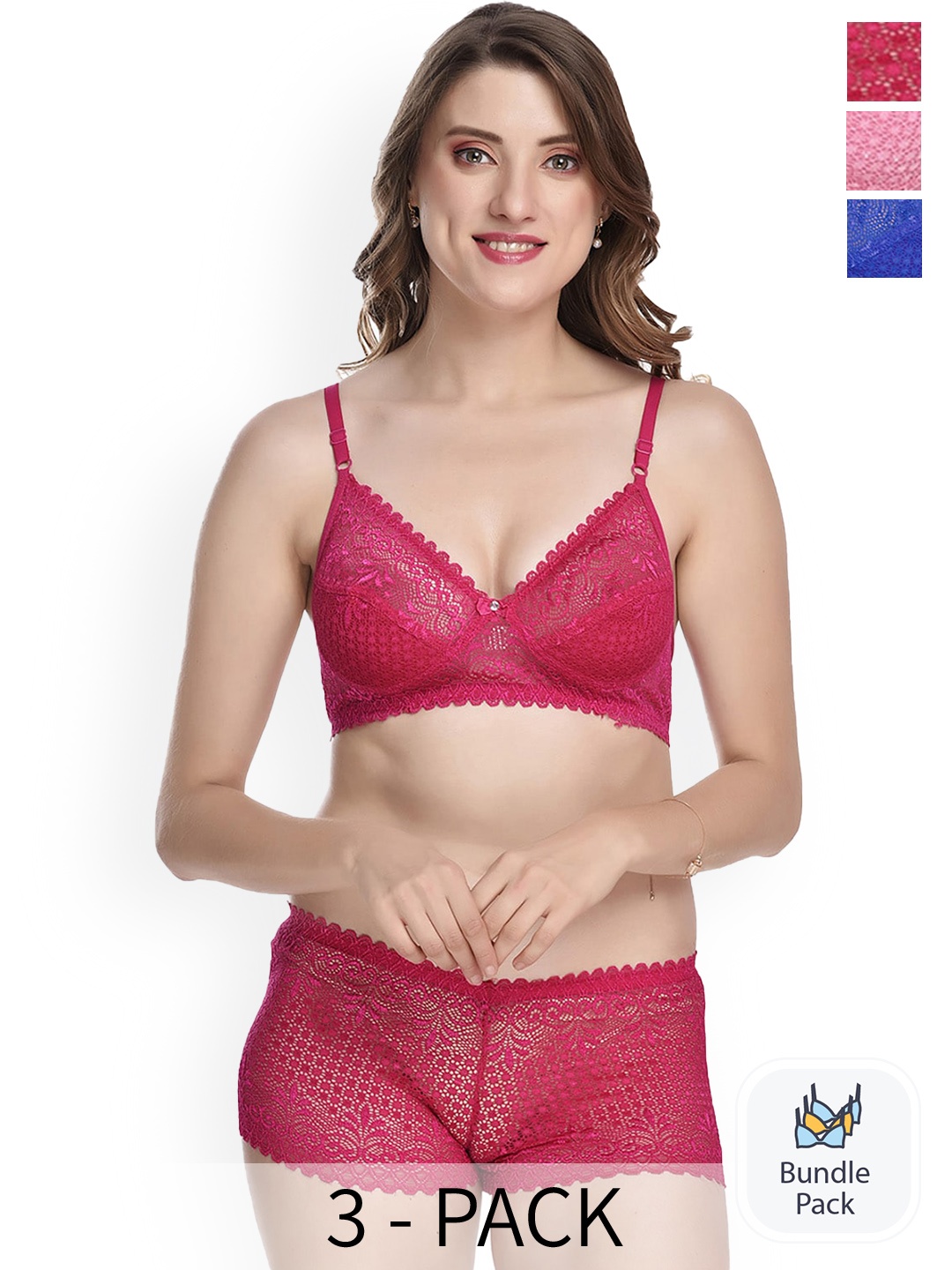

AROUSY Pack Of 3 Self Design Lingerie Sets, Red