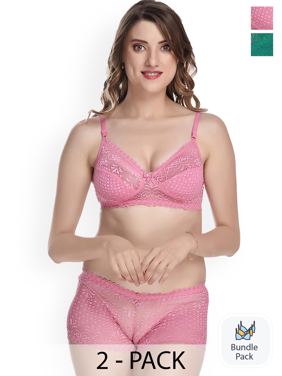 

PIBU Pack Of 2 Self Design Lingerie Sets, Pink