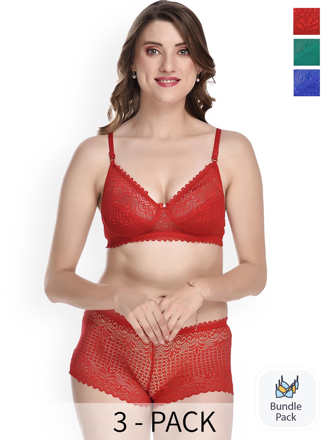 

PIBU Pack of 3 Laced Lingerie Sets, Red