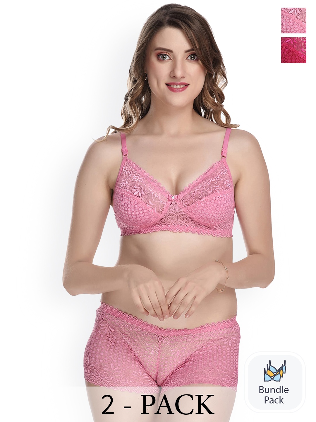 

PIBU Pack Of 2 Non-Padded Non Wired Bra Panty Lingerie Sets, Pink