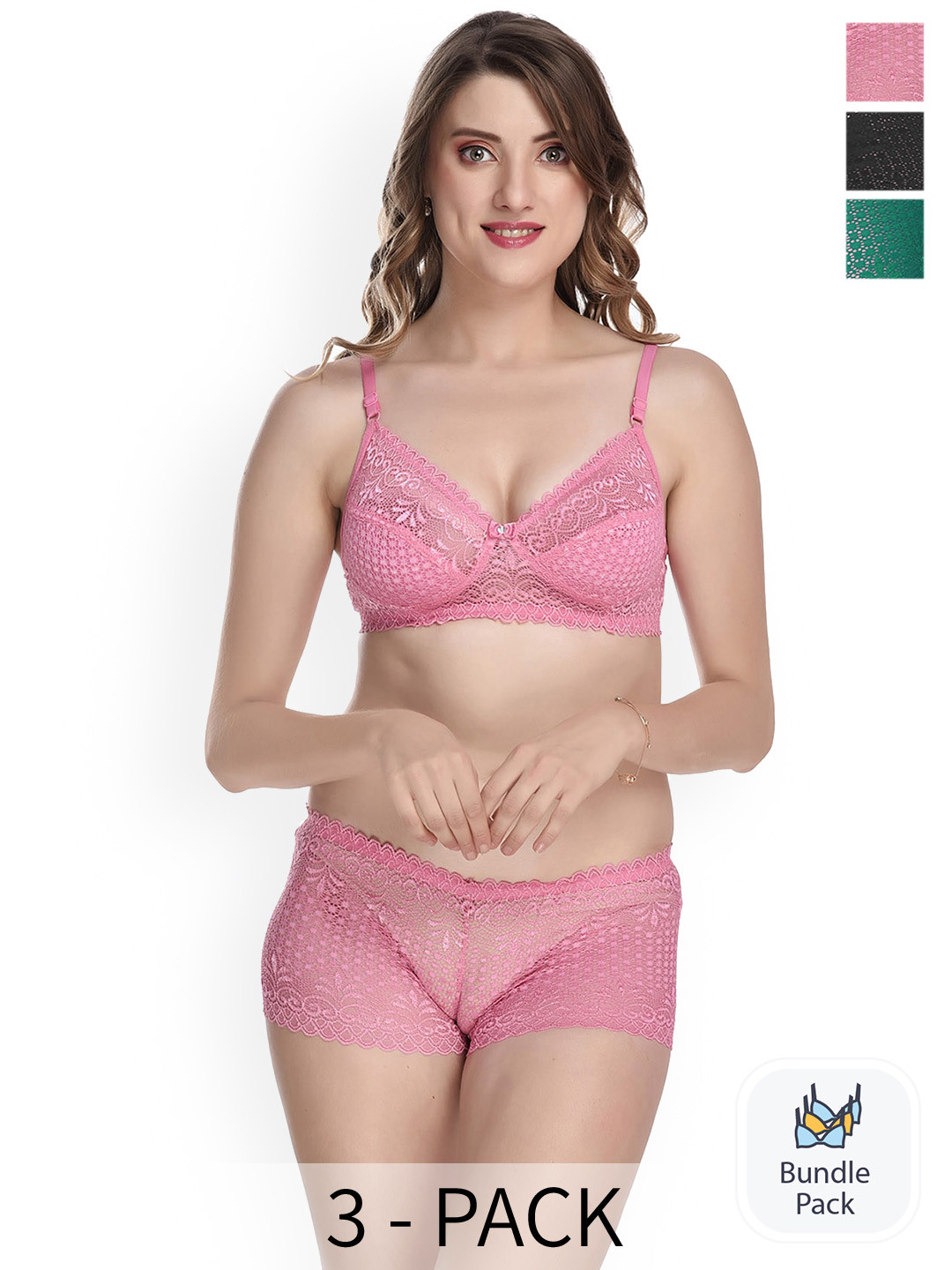 

PIBU Pack Of 3 Self Design Lingerie Sets, Pink