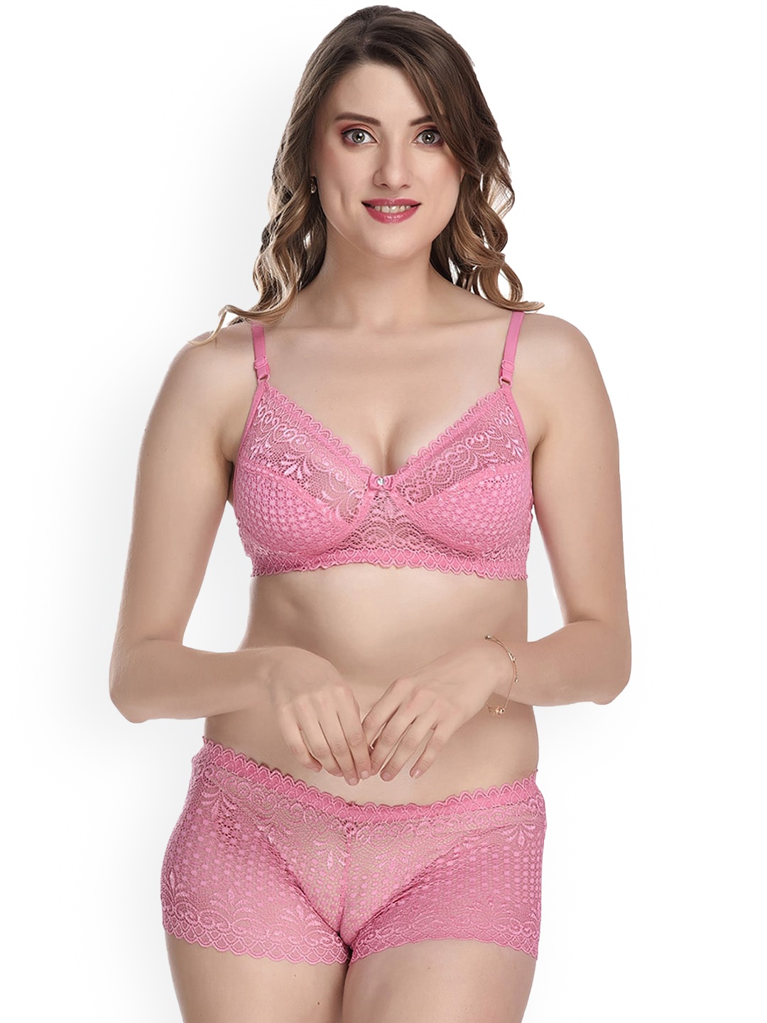 

PIBU Laced Self Design Lingerie Set, Pink