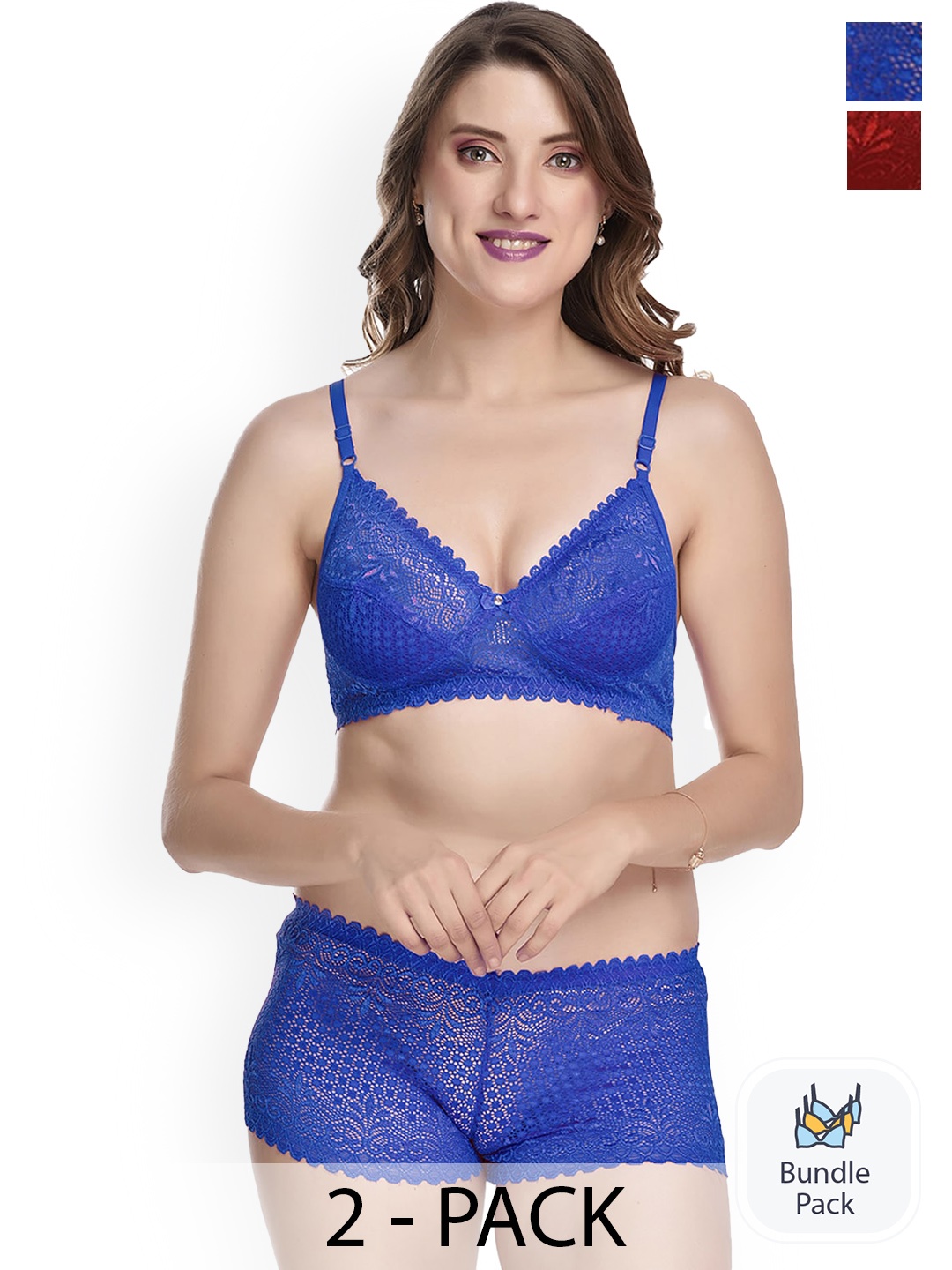 

PIBU Pack Of 2 Laced Lingerie Set, Blue