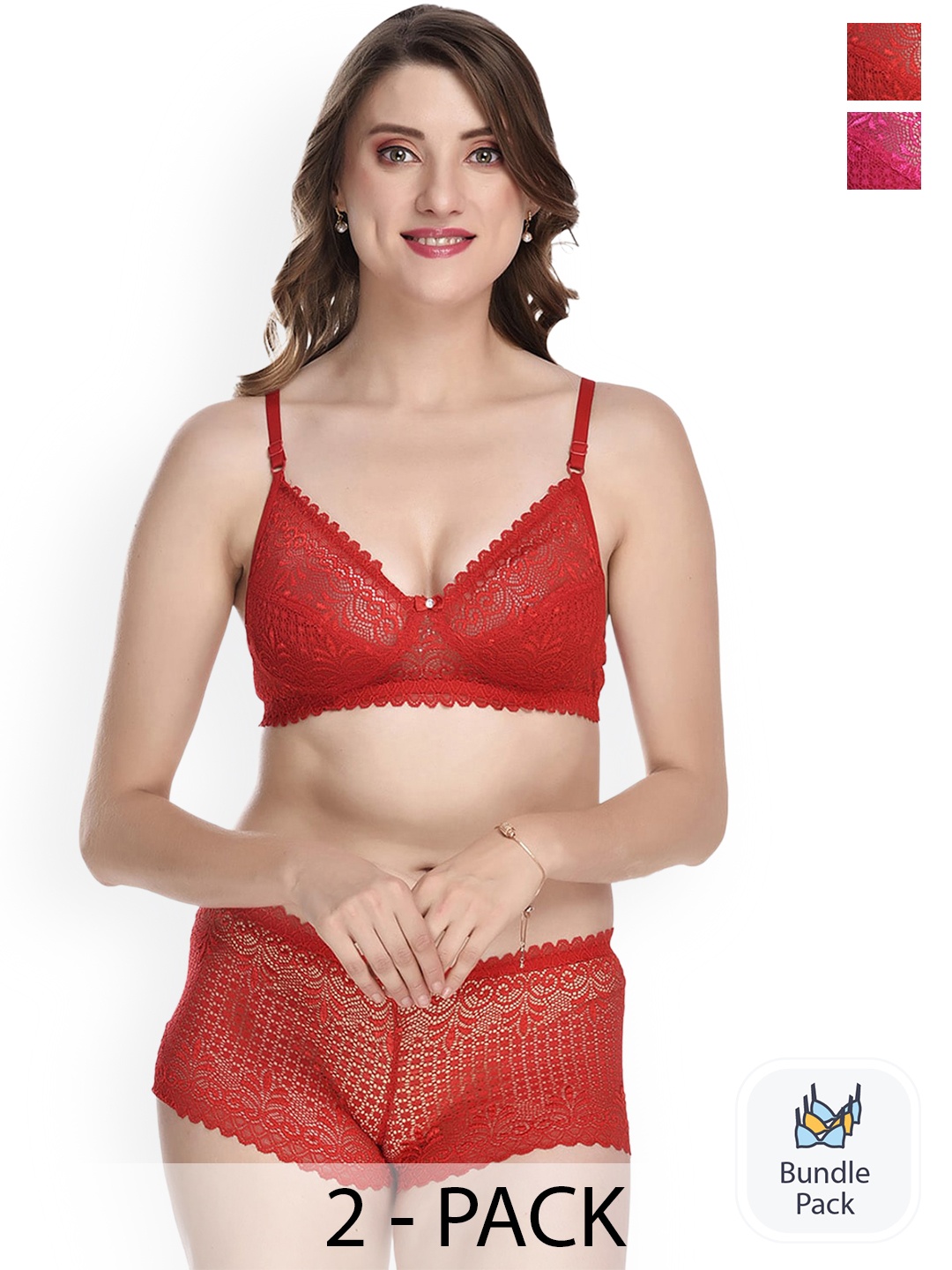 

PIBU Pack Of 2 Self Design Laced Lingerie Set, Red