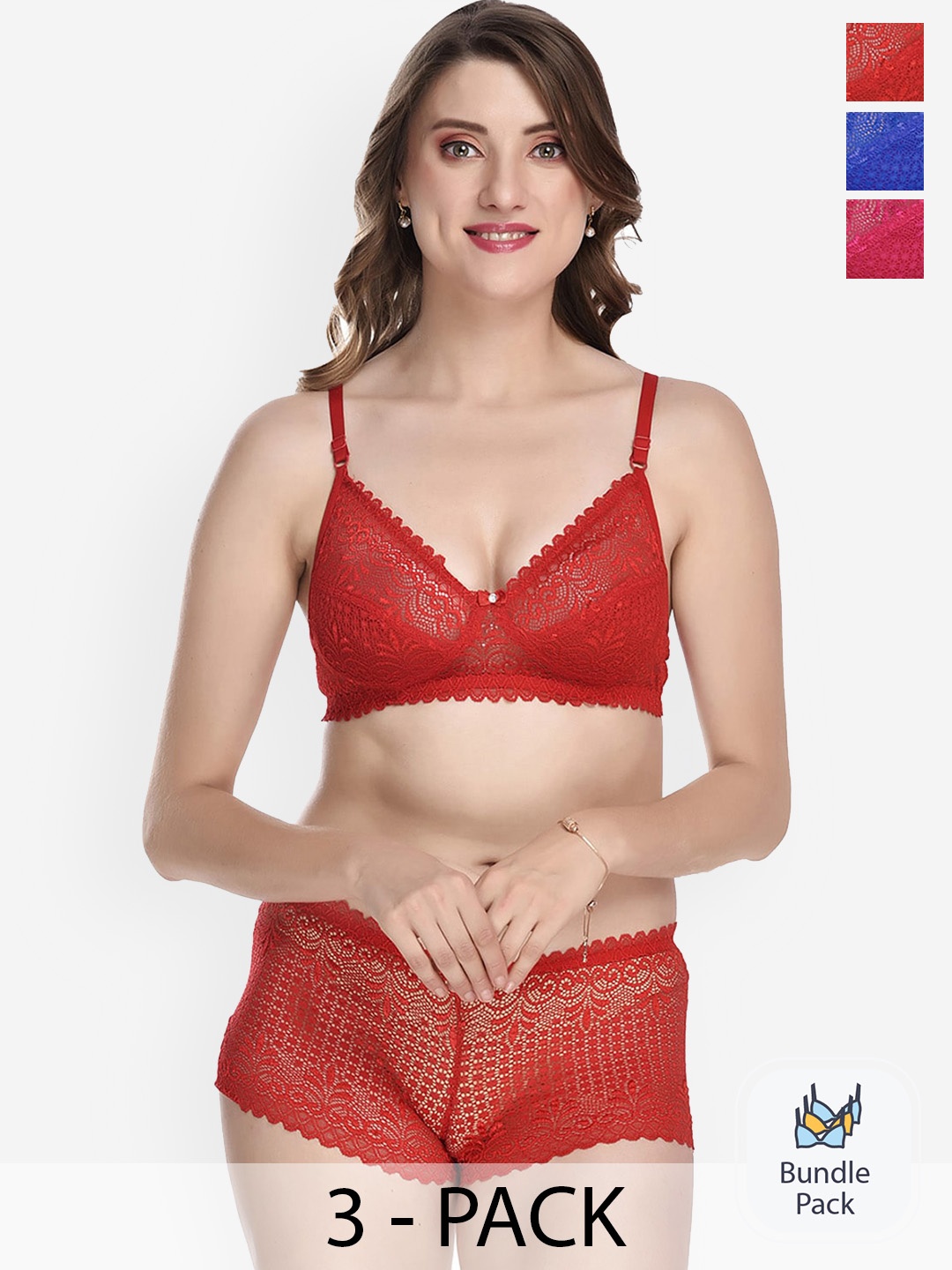 

PIBU Pack Of 3 Self Design Non Wired Non Padded Lingerie Set, Red
