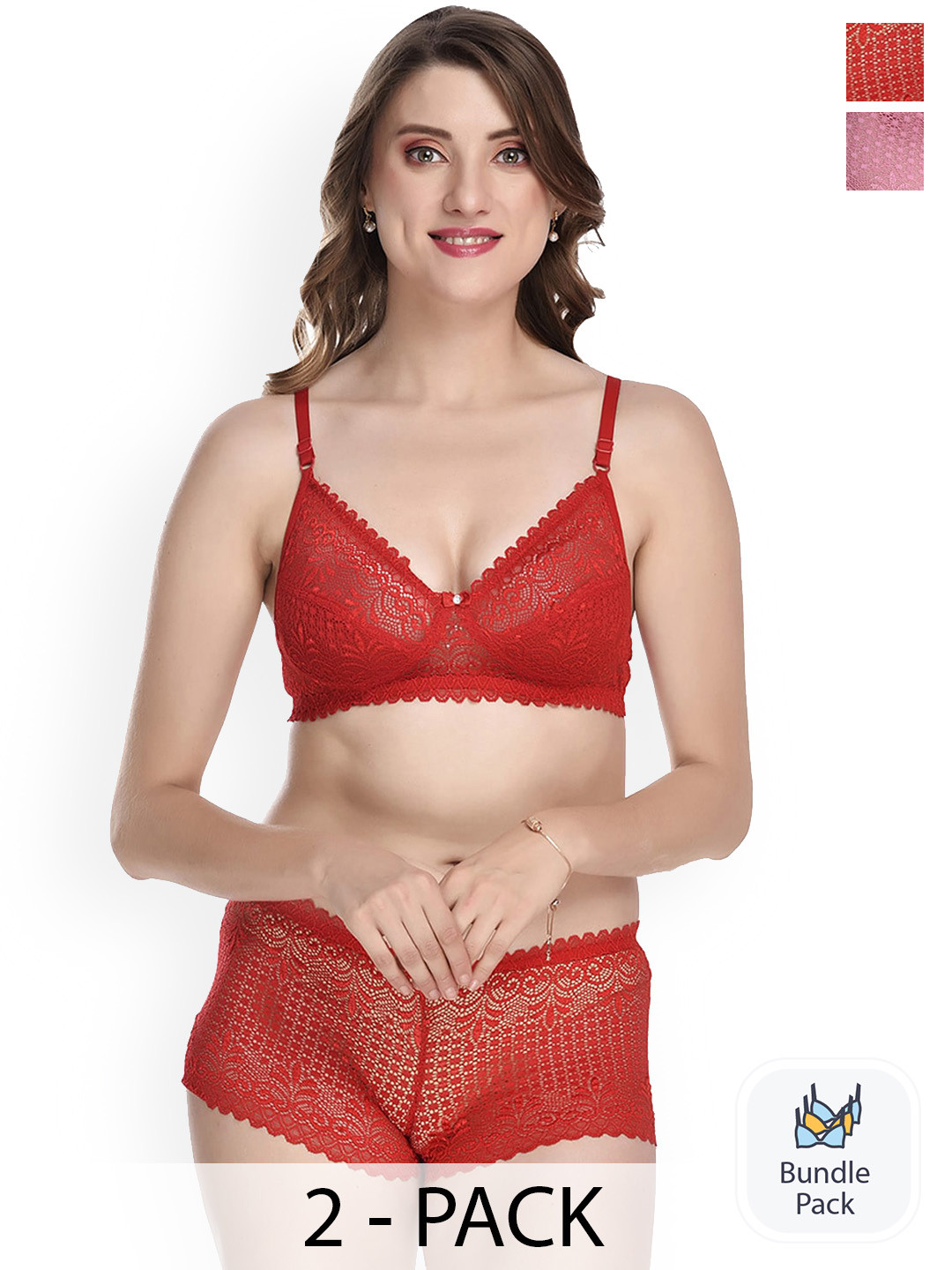 

PIBU Pack Of 2 Laced Lingerie Sets, Red