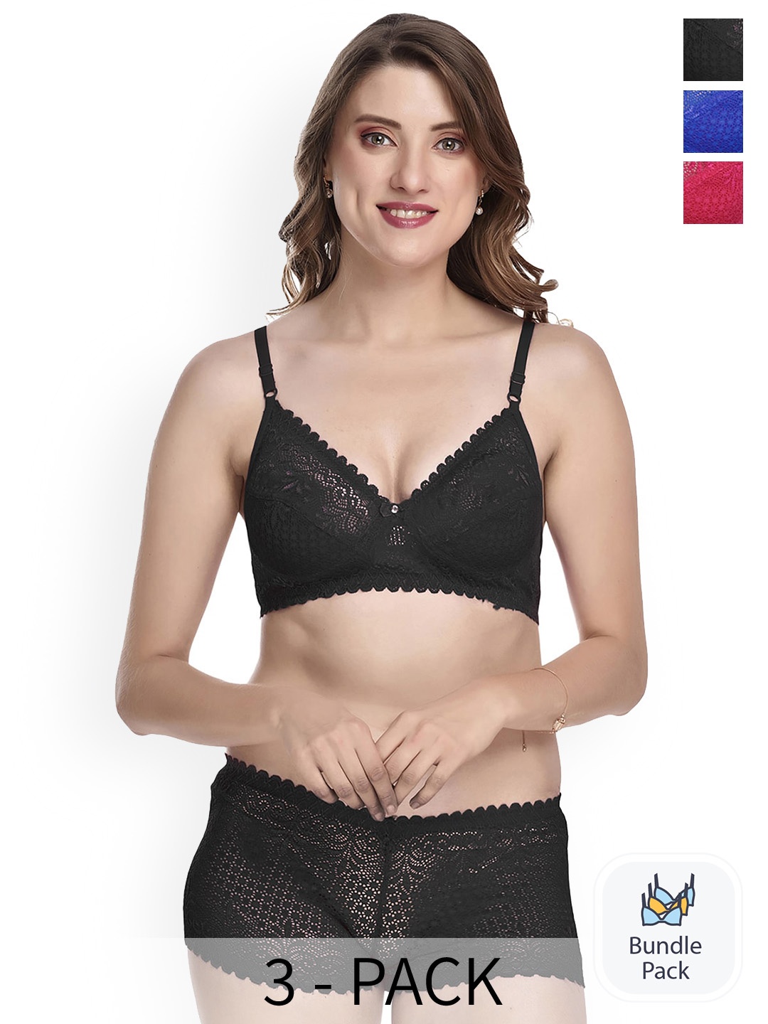 

PIBU Pack Of 3 Laced Lingerie Sets, Pink