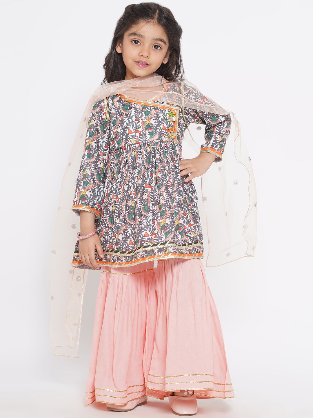 

Little Bansi Girls Paisley Printed Angrakha Pure Cotton Kurta With Sharara & Dupatta, Peach