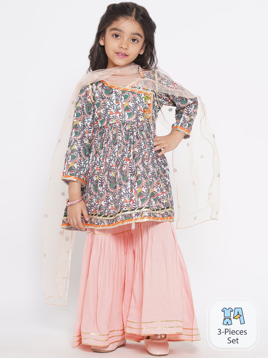 

Little Bansi Girls Ethnic Motifs Printed Pure Cotton Kurta With Sharara & Dupatta, Peach