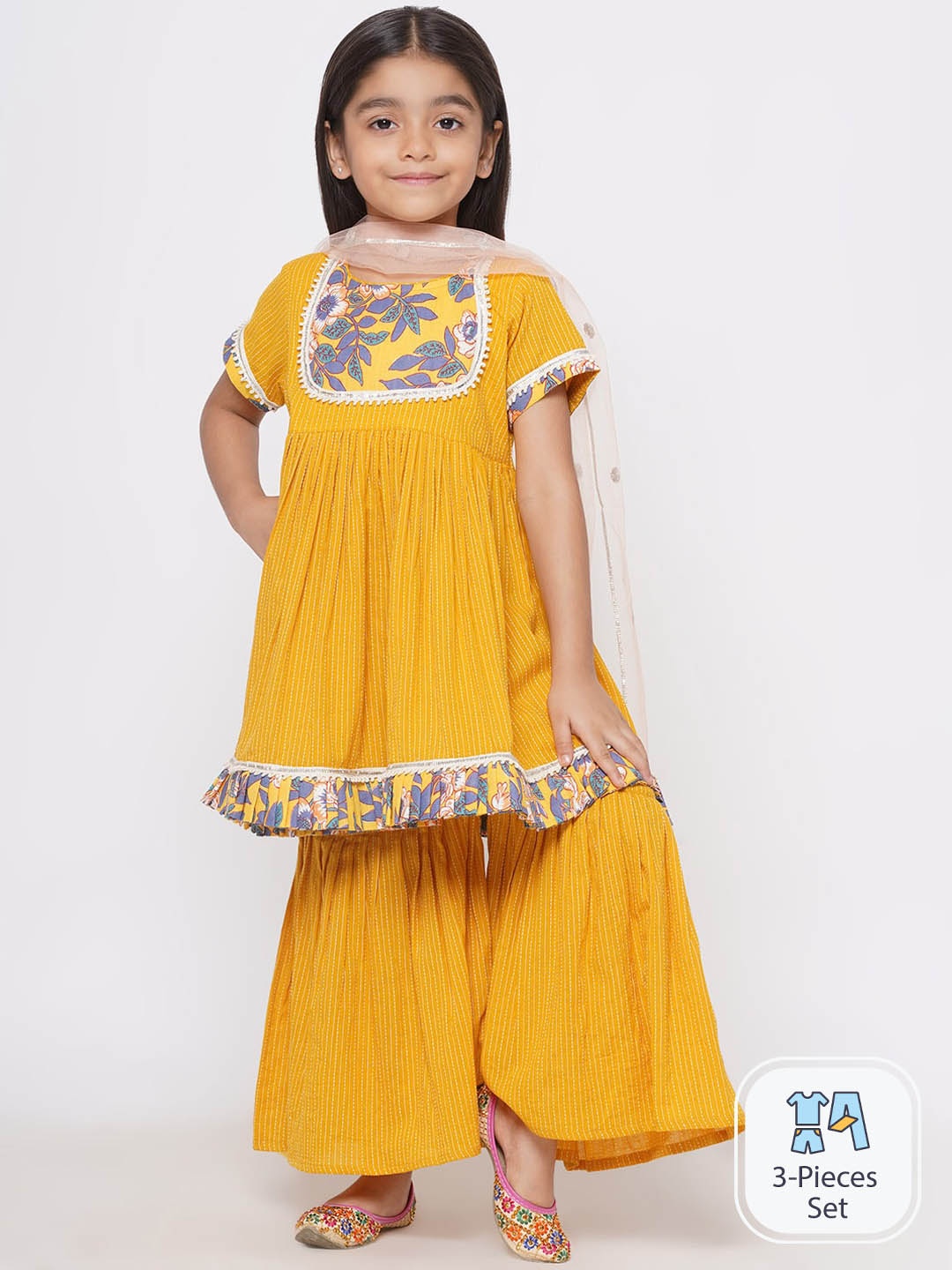 

Little Bansi Girls Floral Printed Anarkali Pure Cotton Kurta & Sharara With Dupatta, Yellow