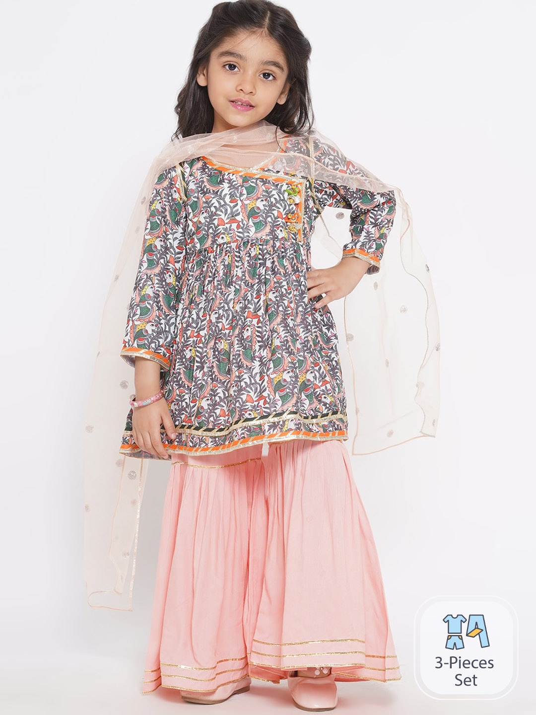 

Little Bansi Girls Floral Printed Angrakha Gotta Patti Pure Cotton Kurta Set, Peach