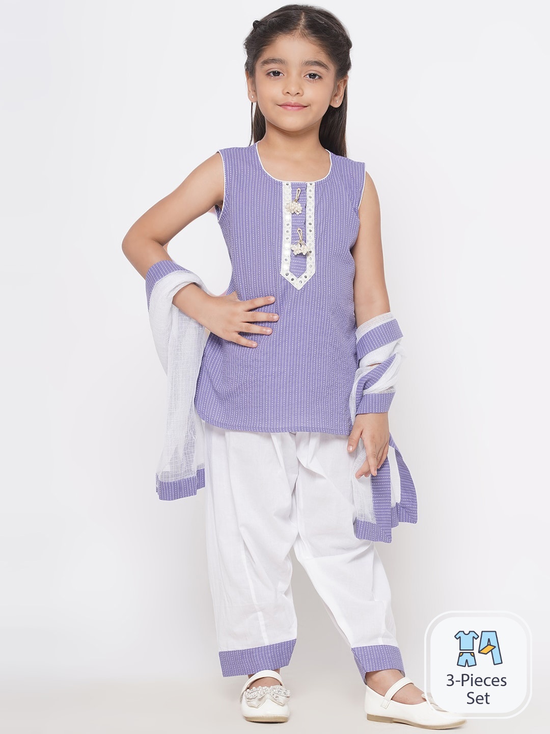 

Little Bansi Girls Striped Pure Cotton Kurta With Salwar & Dupatta, Lavender