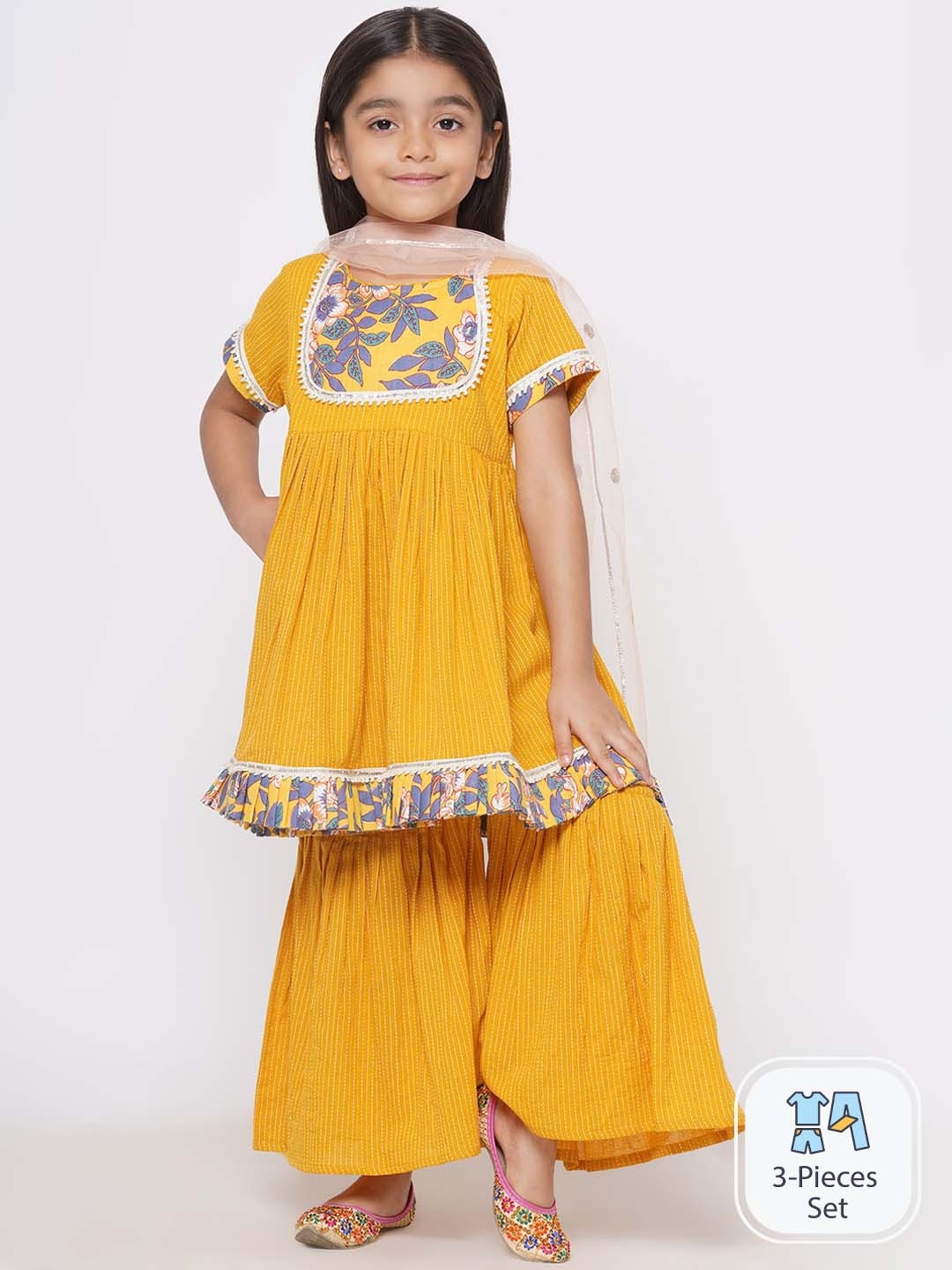 

Little Bansi Girls Floral Yoke Design Pure Cotton Kurta With Sharara & Dupatta, Yellow