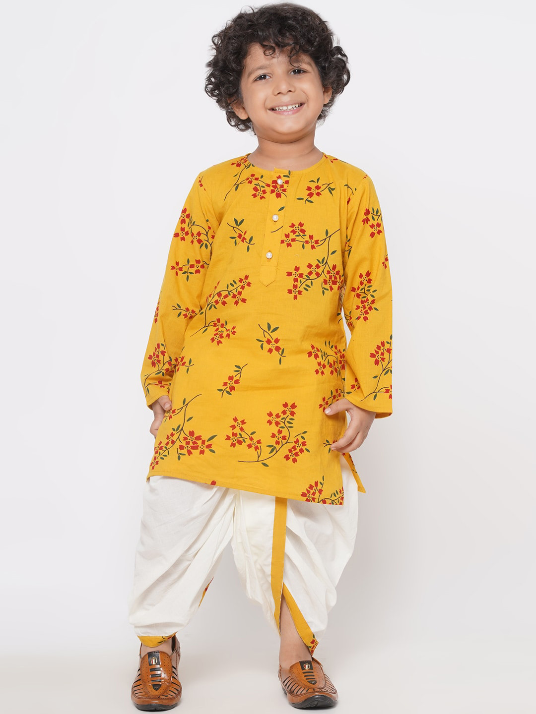 

Little Bansi Boys Floral Printed Regular Pure Cotton Kurta with Dhoti Pants, Yellow