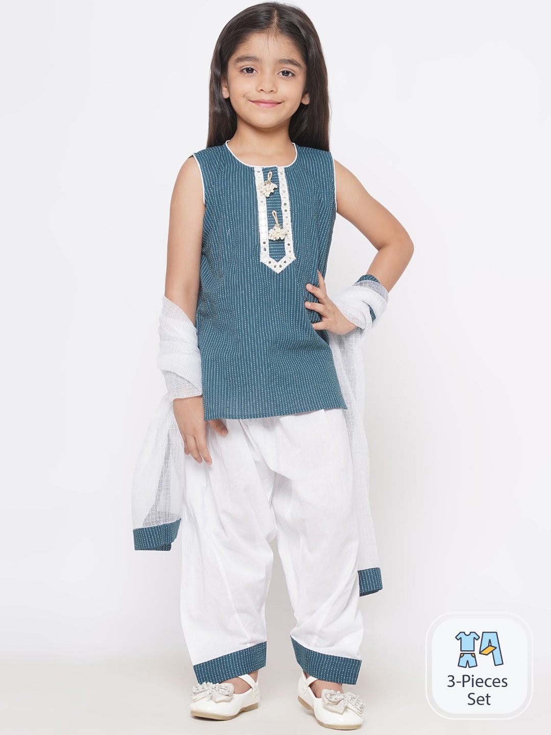 

Little Bansi Girls Striped Thread Work Pure Cotton Kurta With Salwar & Dupatta, Teal