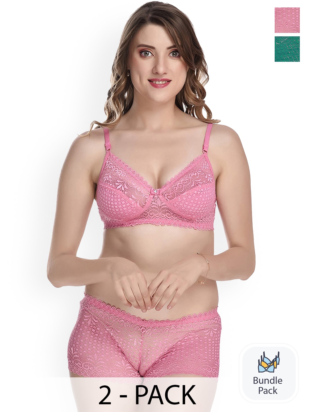 

Aamarsh Pack Of 2 Laced Lingerie Sets, Pink