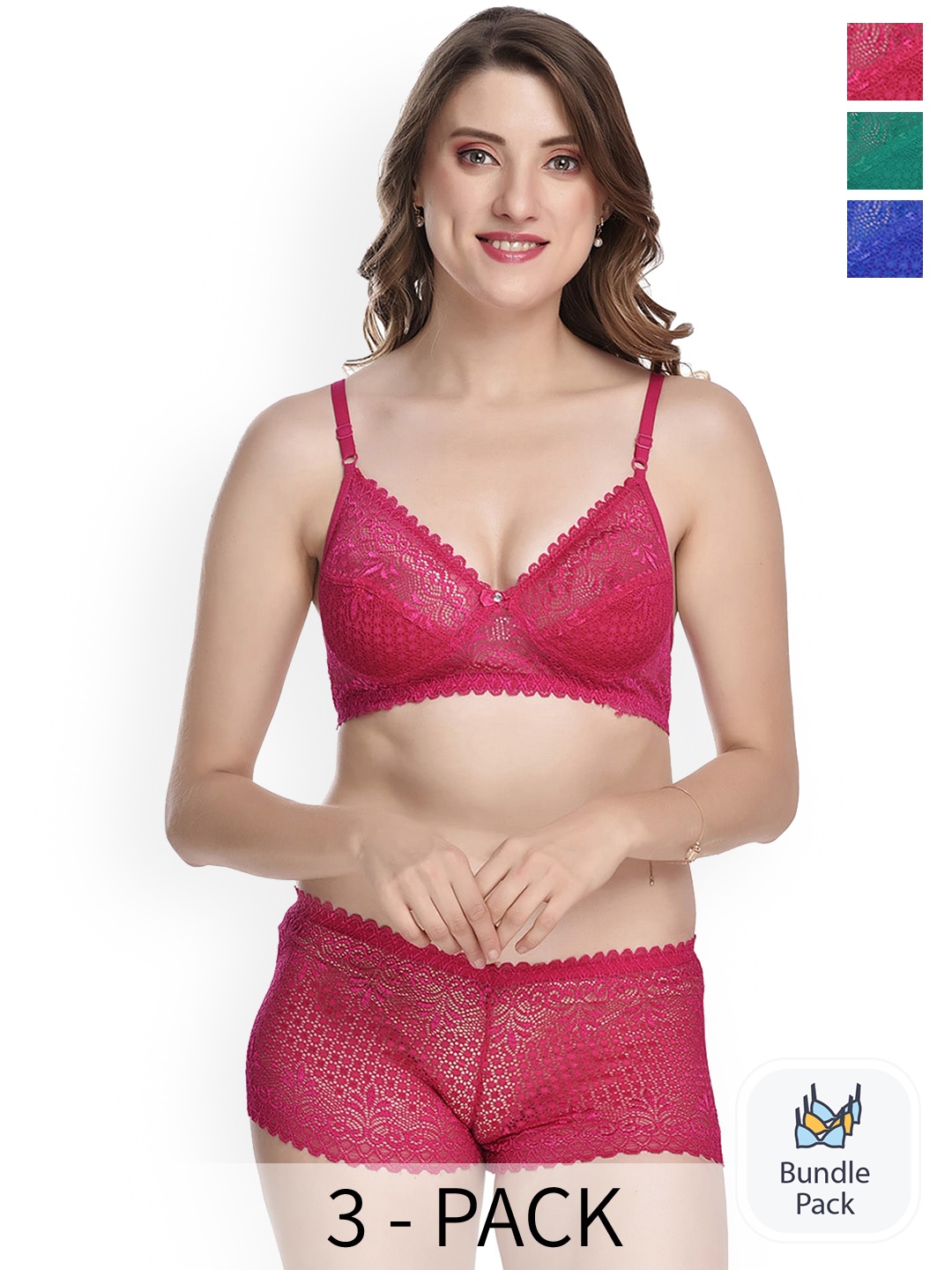 

Aamarsh Pack Of 3 Laced Lingerie Set, Pink