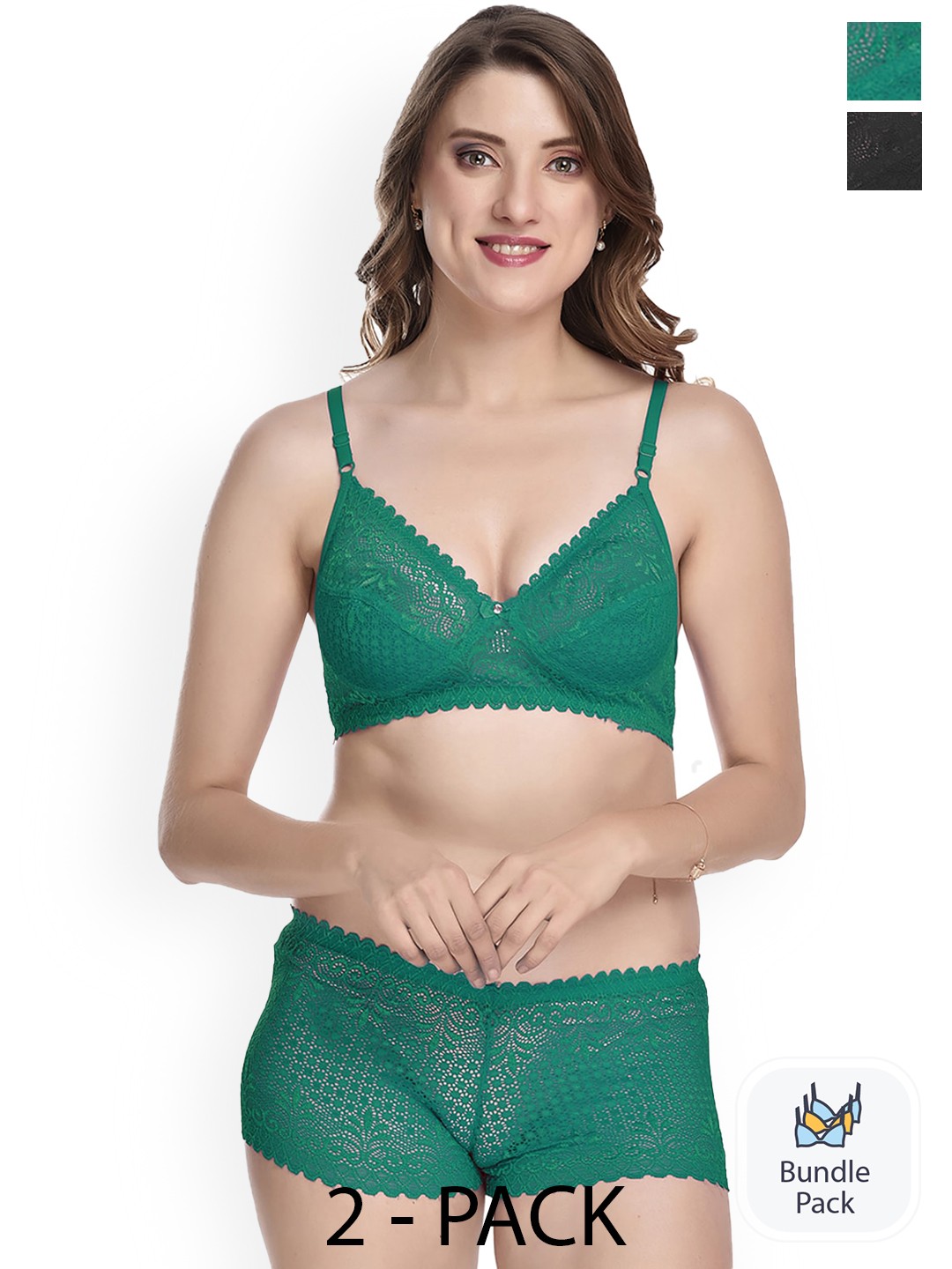 

Aamarsh Pack of 2 Laced Lingerie Set, Green