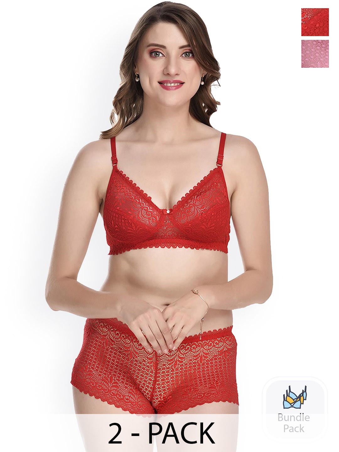 

Aamarsh Pack Of 2 Laced Lingerie Set A_T-Rain Set_Red,Orange_30