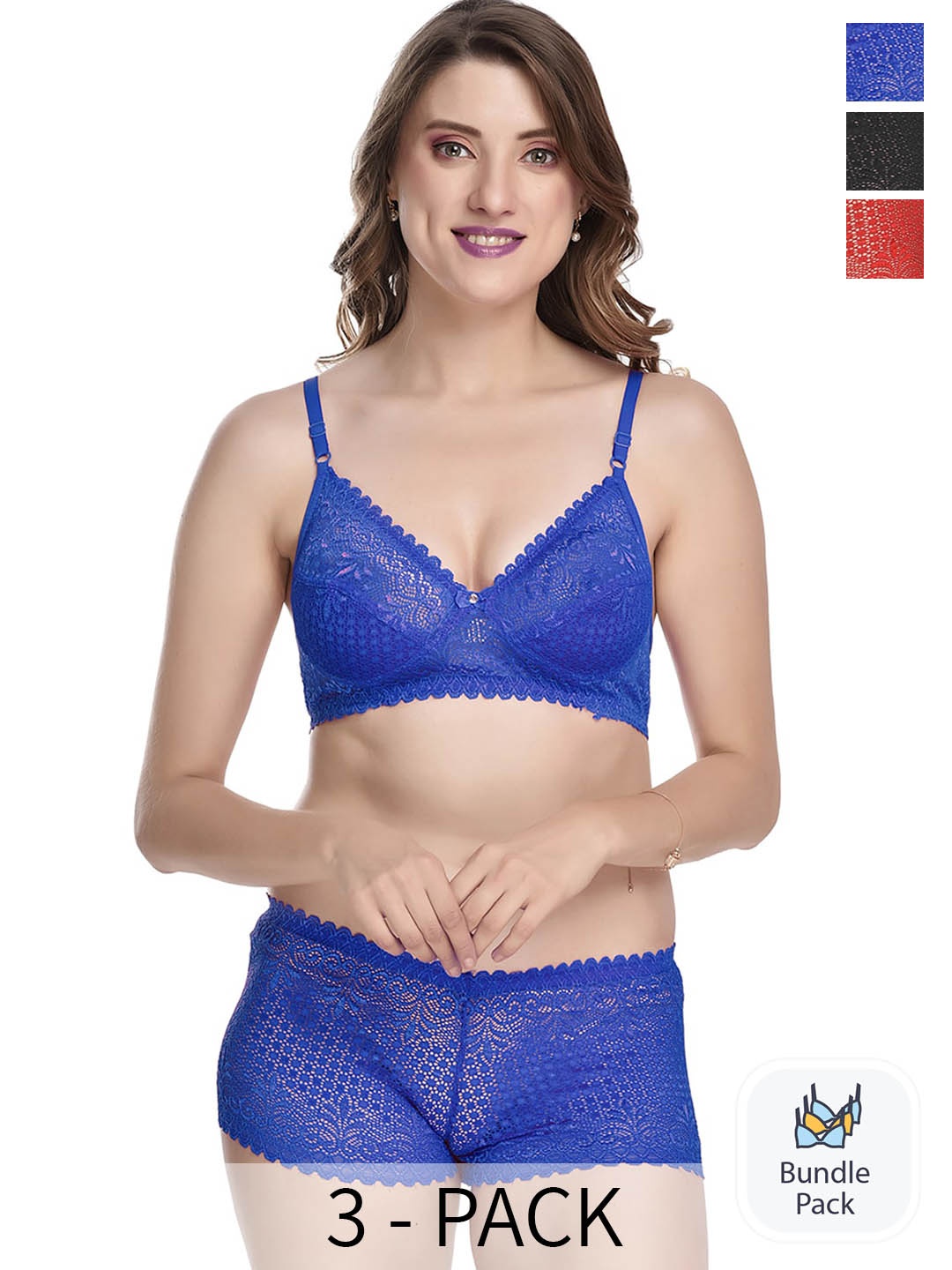 

Aamarsh Pack Of 3 Self Design Lingerie Sets, Black