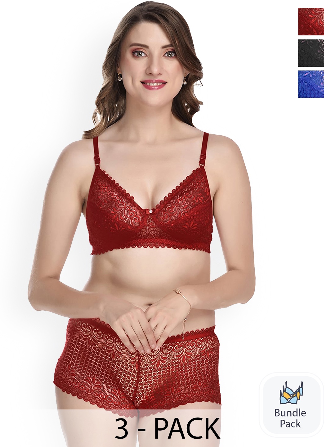 

Aamarsh Pack Of 3 Laced Lingerie Sets, Maroon