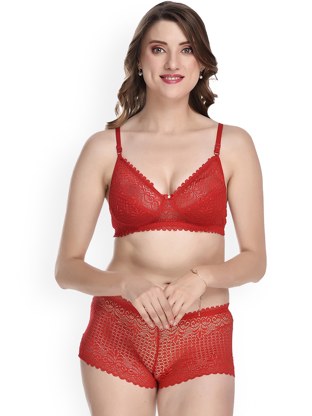 

Aamarsh Self Design Laced Lingerie Set, Red
