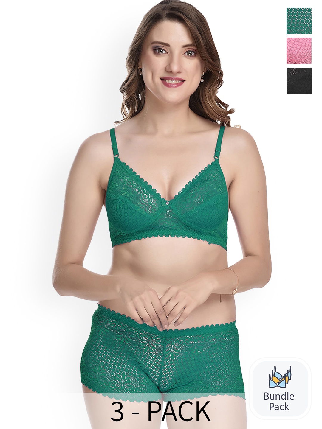 

Aamarsh Pack Of 3 Laced Lingerie Sets, Green